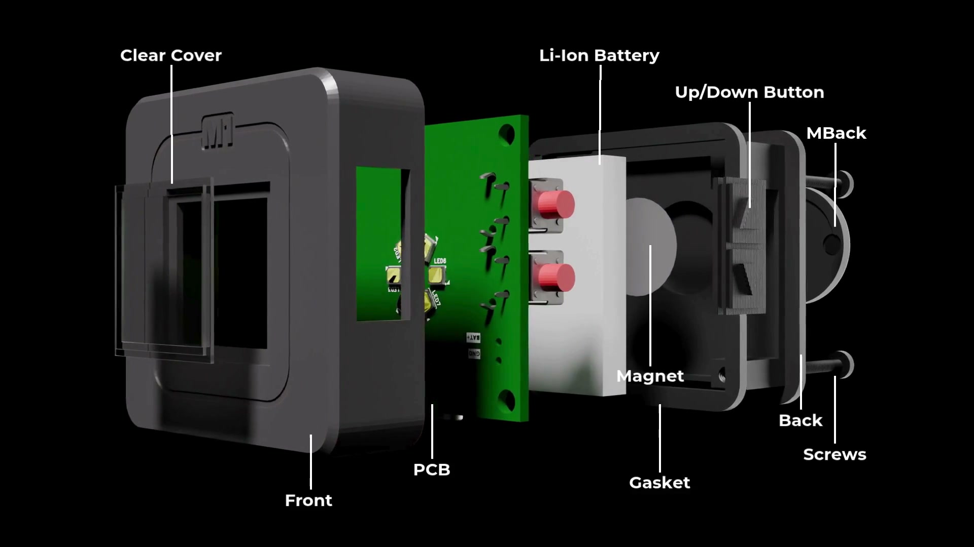 Maglight M1 exploded view: Clear Cover, Li-Ion Battery, Up/Down Button, MBack, Front, PCB, Magnet, Gasket, Back, Screws